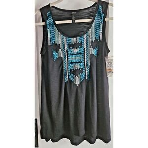 NWT STYLE & CO., black tank top beaded + embroidery front black‎ Sz S